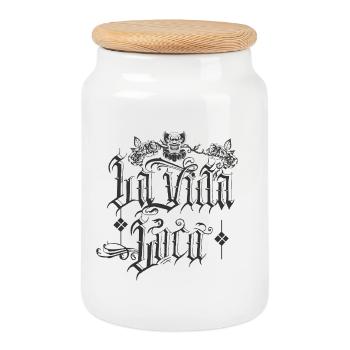 Texte gothique rétro avec motif de clown - Boîte à biscuits avec couvercle en bois - blanc - Devant