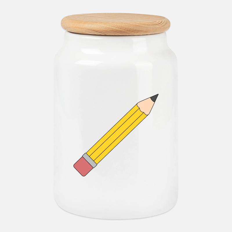 Lebendige gelbe Bleistift-Illustration - Keksdose mit Holzdeckel - Weiß