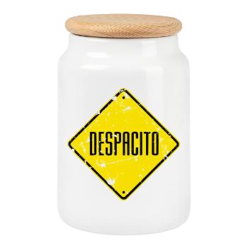 Schild DESPACITO - used look - Keksdose mit Holzdeckel - Weiß - Vorne