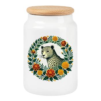 Elegant Leopard with Floral Frame - Cookie Jar with Wooden Lid - white - Front