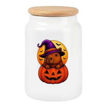 Cute Capybara in Halloween Pumpkin - Cookie Jar with Wooden Lid - white - Front