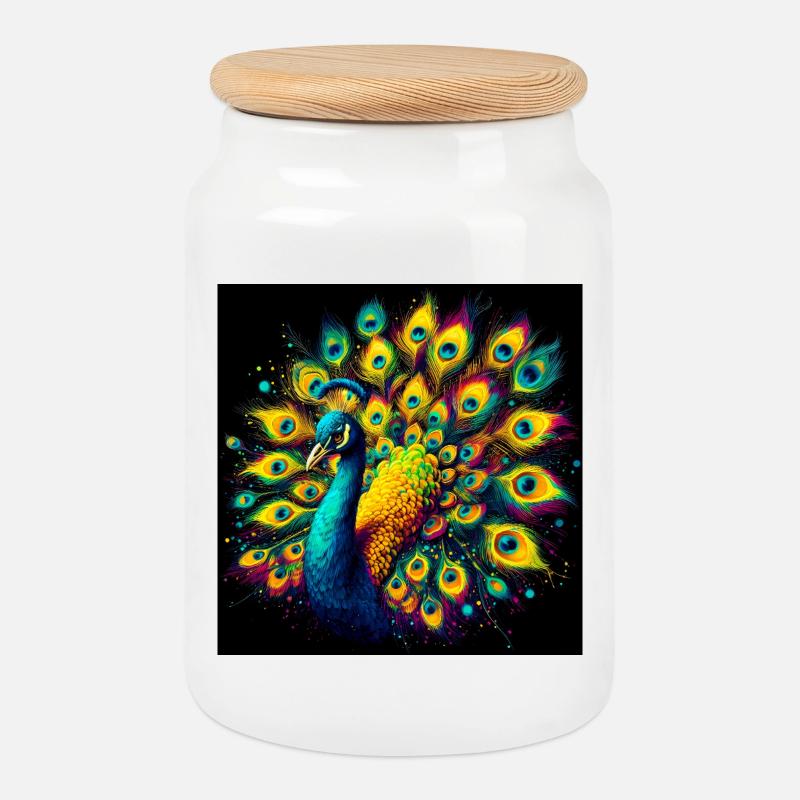 peacock - Cookie Jar with Wooden Lid - white