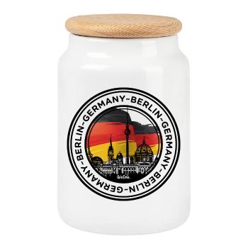 Berlin Skyline with German Flag Colors - Cookie Jar with Wooden Lid - white - Front