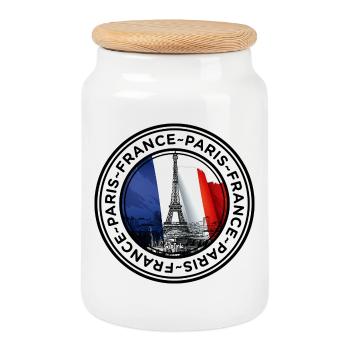 French Flag and Eiffel Tower Illustration - Cookie Jar with Wooden Lid - white - Front
