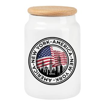 American Skyline with Flag Embrace - Cookie Jar with Wooden Lid - white - Front