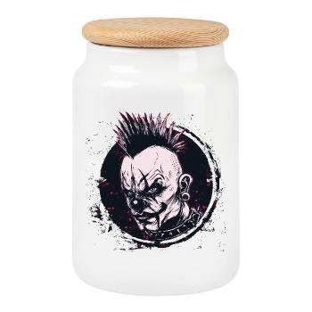 scary mohawk clown - Cookie Jar with Wooden Lid - white - Front