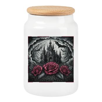 Dark Castle with Roses and Bats - Cookie Jar with Wooden Lid - white - Front