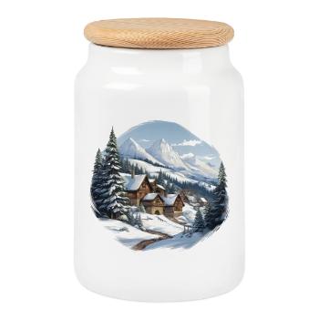 Alpenhütten im Winter Panorama - Keksdose mit Holzdeckel - Weiß - Vorne