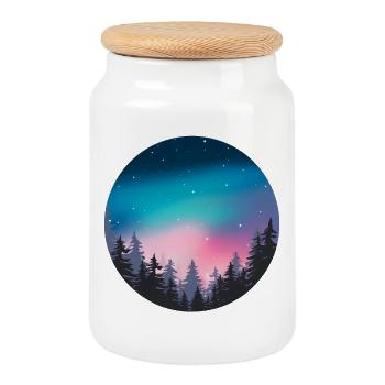 Night Sky Aurora Forest Landscape - Cookie Jar with Wooden Lid - white - Front