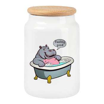 Hippo in the bath - Cookie Jar with Wooden Lid - white - Front