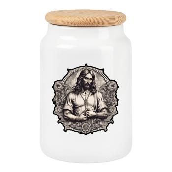 Saint Mary Artistic Illustration - Cookie Jar with Wooden Lid - white - Front