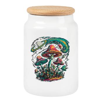 Psychedelic Cosmic Mushrooms Artwork - Cookie Jar with Wooden Lid - white - Front