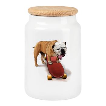 Un bouledogue mignon sur un skateboard - Boîte à biscuits avec couvercle en bois - blanc - Devant