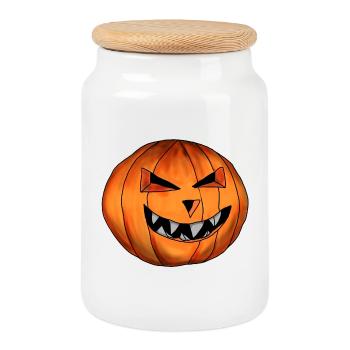Tête de citrouille effrayante avec un sourire maléfique - Boîte à biscuits avec couvercle en bois - blanc - Devant