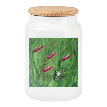 Green Frog Among Pink Pollens Artwork - Cookie Jar with Wooden Lid - white - Front