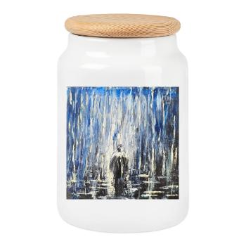 Abstract Cityscape with Rainy Night Atmosphere - Cookie Jar with Wooden Lid - white - Front