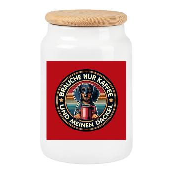 Chien teckel avec motif humoristique de tasse à café - Boîte à biscuits avec couvercle en bois - blanc - Devant
