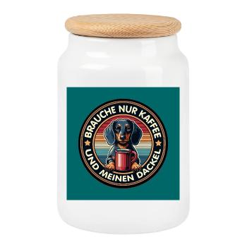 Chien teckel avec une tasse de café humoristique - Boîte à biscuits avec couvercle en bois - blanc - Devant