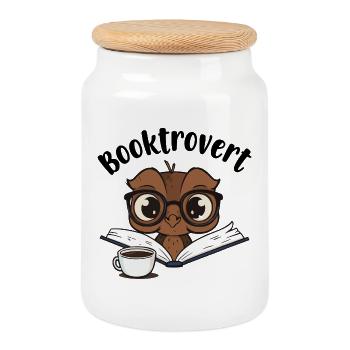 Hibou Booktrovert avec livre et café - Boîte à biscuits avec couvercle en bois - blanc - Devant