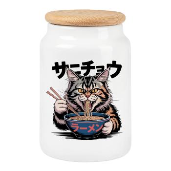Hungrige Ramen-Katze Lustiges Design - Keksdose mit Holzdeckel - Weiß - Vorne