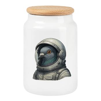 Pigeon Astronaut Close-Up in Space Suit Helmet - Cookie Jar with Wooden Lid - white - Front