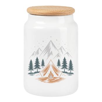 Mountain Adventure with Campfire - Cookie Jar with Wooden Lid - white - Front