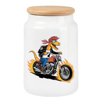 Muskulöser Dinosaurier Punk Rock Raptor Chopper Rider - Keksdose mit Holzdeckel - Weiß - Vorne
