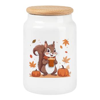 Écureuil mignon avec latte à la citrouille et aux épices d’automne - Boîte à biscuits avec couvercle en bois - blanc - Devant