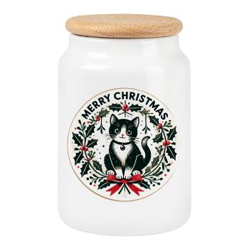 Couronne de houx festive en forme de chat noir - Boîte à biscuits avec couvercle en bois - blanc - Devant
