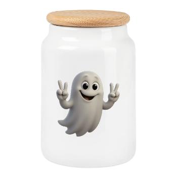 Rendu 3D Dessin animé Fantômes Design avec Signe de Paix - Boîte à biscuits avec couvercle en bois - blanc - Devant