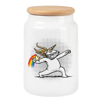 Einhorn wirft einen Regenbogen - Keksdose mit Holzdeckel - Weiß - Vorne
