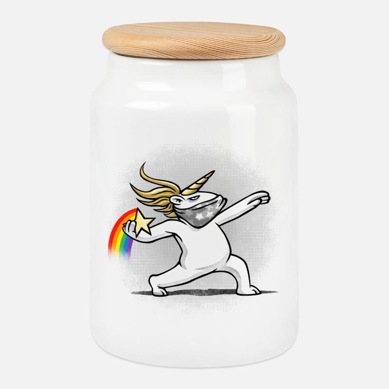 Unicorn throws a rainbow - Cookie Jar with Wooden Lid - white