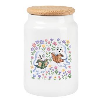 Spooky Ghosts Reading Books Besties Bookish - Cookie Jar with Wooden Lid - white - Front