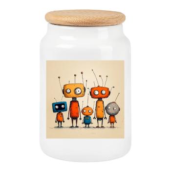 Childish Friendly Robot - Cookie Jar with Wooden Lid - white - Front