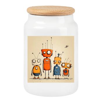 Robots Amicaux Illustrés Colorés - Boîte à biscuits avec couvercle en bois - blanc - Devant