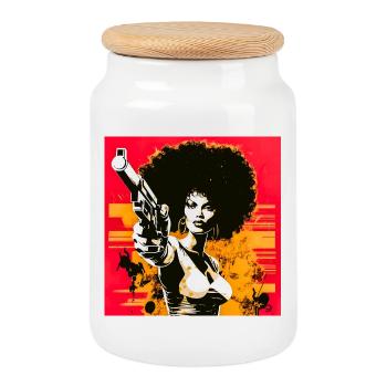 Afro Urban Art Print Woman with Revolver - Cookie Jar with Wooden Lid - white - Front