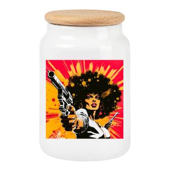 Female portrait with a revolver in pop art style - Cookie Jar with Wooden Lid - white - Front