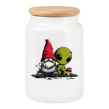 Garden gnome and alien - Cookie Jar with Wooden Lid - white - Front