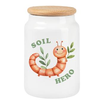 Héroïne éco joyeuse - Ver de terre avec des feuilles en arrière-plan - Boîte à biscuits avec couvercle en bois - blanc - Devant