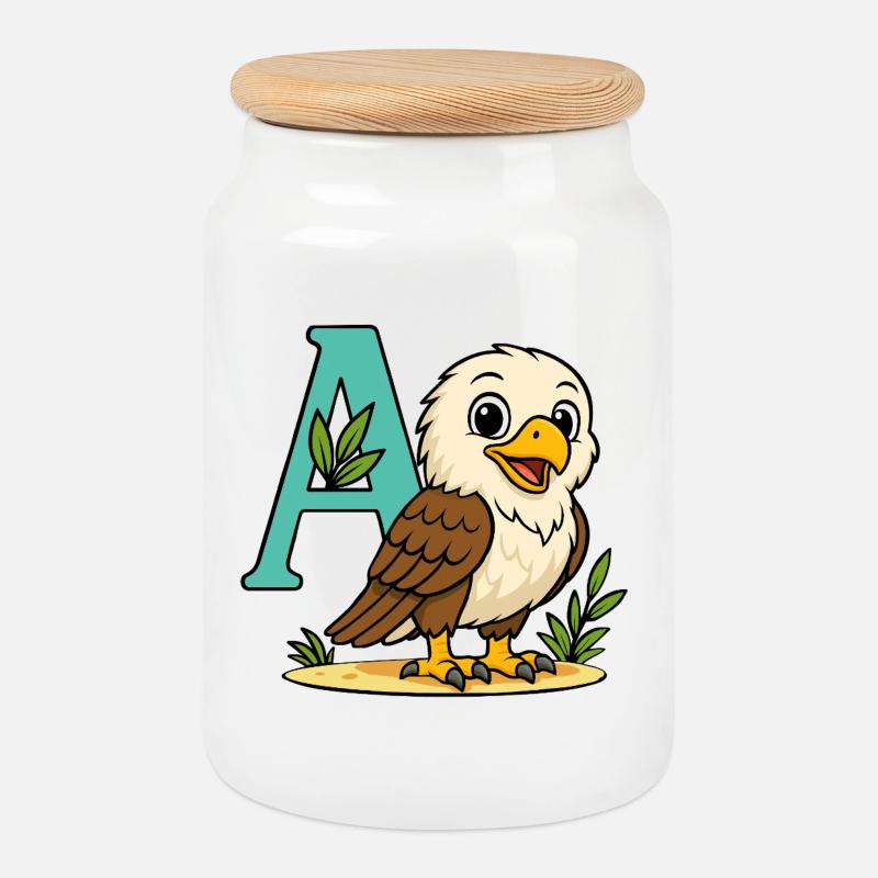 Niedlicher Adler mit Initiale A und Laub - Keksdose mit Holzdeckel - Weiß