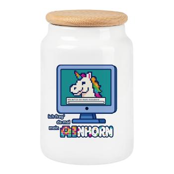 AInhorn aka Unicorn, AI and Pixel Art Humor - Cookie Jar with Wooden Lid - white - Front
