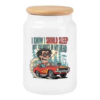 Sleepy Car Racer Cartoon Design - Keksdose mit Holzdeckel - Weiß - Vorne