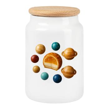 Sonnensystem-Dessert - ein skurriler Genuss - Keksdose mit Holzdeckel - Weiß - Vorne