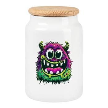 Cute and colorful monster - Cookie Jar with Wooden Lid - white - Front