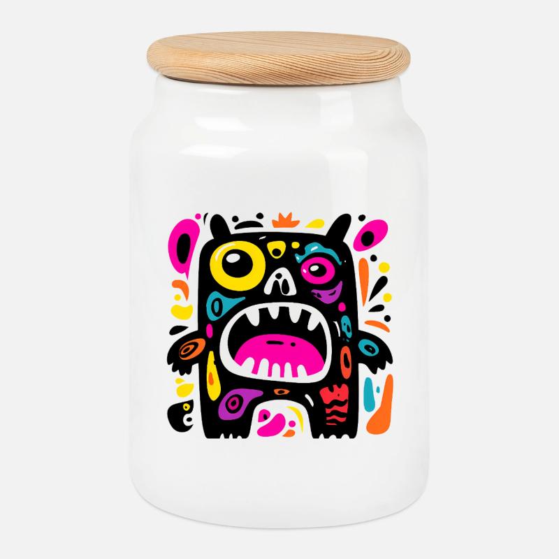 Design Coloré Monstre Expressif - Boîte à biscuits avec couvercle en bois - blanc