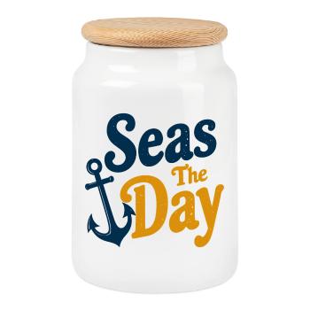 Seas The Day - Anchor Symbol - Cookie Jar with Wooden Lid - white - Front