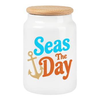 Seas The Day - Symbole de l’ancre - Boîte à biscuits avec couvercle en bois - blanc - Devant