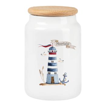 Leuchtturm mit Meerestieren und Banner - Keksdose mit Holzdeckel - Weiß - Vorne
