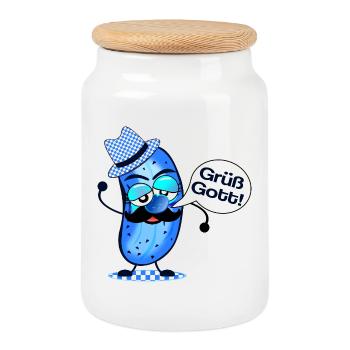 Grüß Gott Lustige Gewürzgurke Bayern - Cookie Jar with Wooden Lid - white - Front