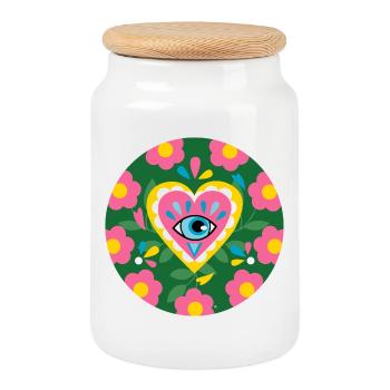 Mystical Flowered Heart - Cookie Jar with Wooden Lid - white - Front